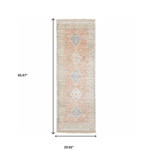 Homeroots 8' Blue And Orange Oriental Hand Loomed Runner Rug With Fringe Orange,Blue Polyester 509462