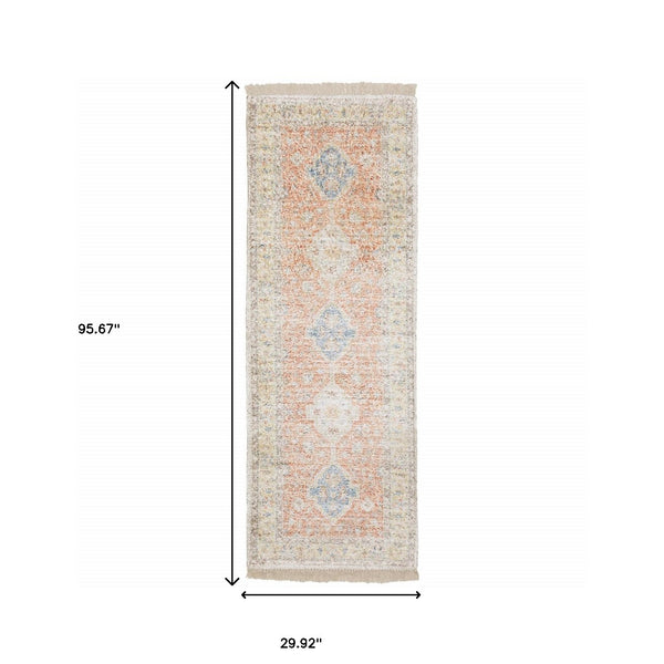 Homeroots 8' Blue And Orange Oriental Hand Loomed Runner Rug With Fringe Orange,Blue Polyester 509462