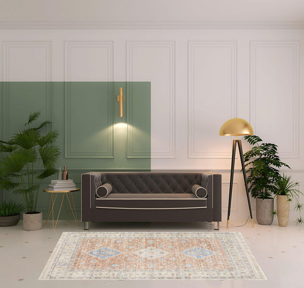 Homeroots 5' X 8' Orange And Blue Oriental Hand Loomed Stain Resistant Area Rug With Fringe Orange,Blue Polyester 509463