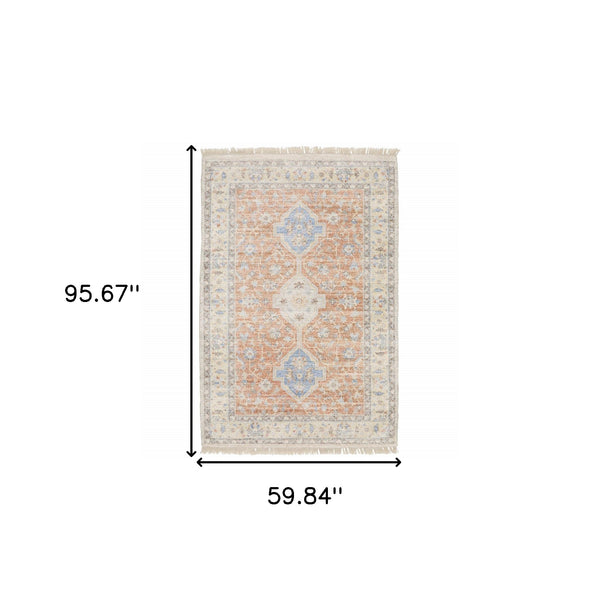 Homeroots 5' X 8' Orange And Blue Oriental Hand Loomed Stain Resistant Area Rug With Fringe Orange,Blue Polyester 509463