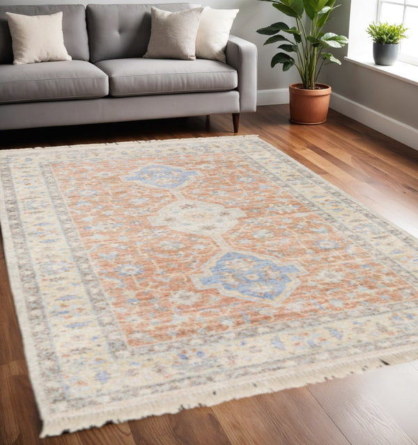 HomeRoots 10' Hand-Loomed Oriental Area Rug with Distressed Finish and Tasseled Fringe for Timeless Elegance 5' X 8' 509463