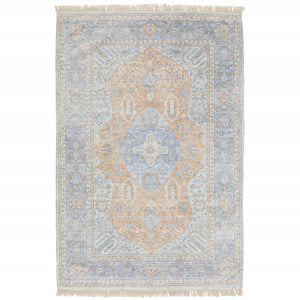 HomeRoots 10' Hand-Loomed Blue and Red Oriental Area Rug with Fringe - Durable, Stain-Resistant Design for Homes 10' X 13' 509465
