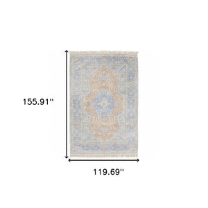 HomeRoots 10' Hand-Loomed Blue and Red Oriental Area Rug with Fringe - Durable, Stain-Resistant Design for Homes 10' X 13' 509465