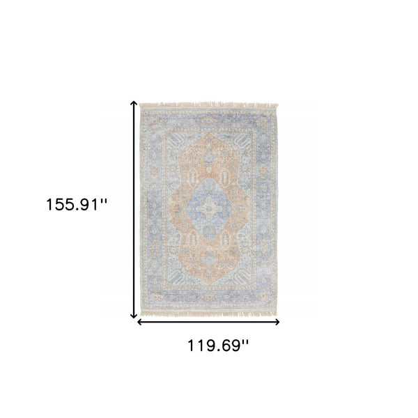 HomeRoots 10' Hand-Loomed Blue and Red Oriental Area Rug with Fringe - Durable, Stain-Resistant Design for Homes 10' X 13' 509465
