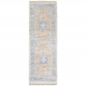 HomeRoots 10' Hand-Loomed Blue and Red Oriental Area Rug with Fringe - Durable, Stain-Resistant Design for Homes 2'6" x 8' 509466