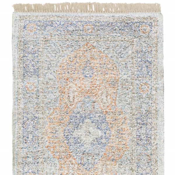 HomeRoots 10' Hand-Loomed Blue and Red Oriental Area Rug with Fringe - Durable, Stain-Resistant Design for Homes 2'6" x 8' 509466