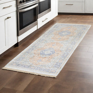 HomeRoots 10' Hand-Loomed Blue and Red Oriental Area Rug with Fringe - Durable, Stain-Resistant Design for Homes 2'6" x 8' 509466
