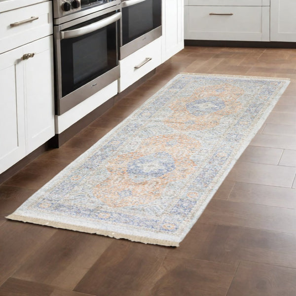 HomeRoots 10' Hand-Loomed Blue and Red Oriental Area Rug with Fringe - Durable, Stain-Resistant Design for Homes 2'6" x 8' 509466