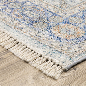 HomeRoots 10' Hand-Loomed Blue and Red Oriental Area Rug with Fringe - Durable, Stain-Resistant Design for Homes 2'6" x 8' 509466