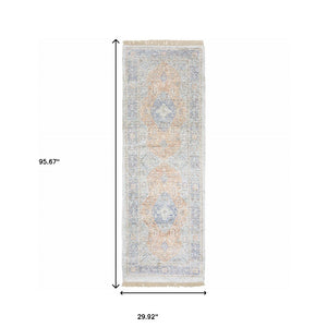 HomeRoots 10' Hand-Loomed Blue and Red Oriental Area Rug with Fringe - Durable, Stain-Resistant Design for Homes 2'6" x 8' 509466