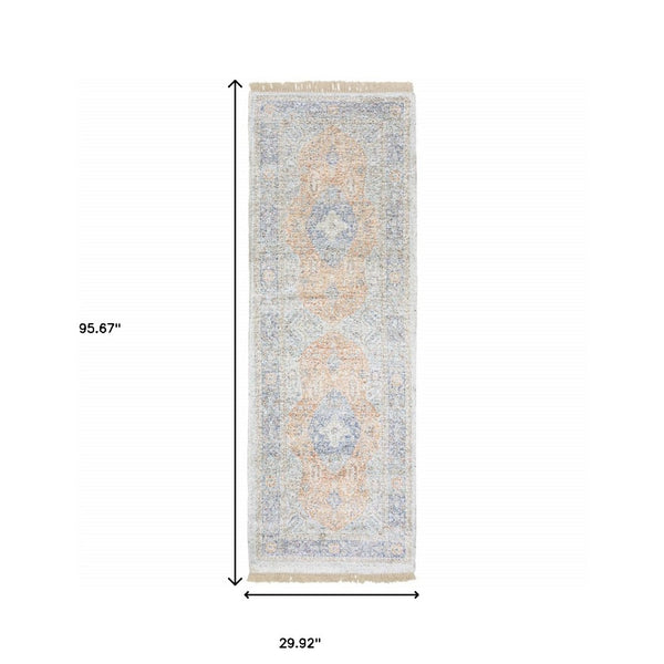 HomeRoots 10' Hand-Loomed Blue and Red Oriental Area Rug with Fringe - Durable, Stain-Resistant Design for Homes 2'6" x 8' 509466