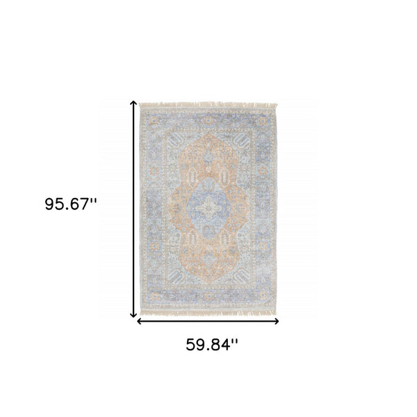 HomeRoots 10' Hand-Loomed Blue and Red Oriental Area Rug with Fringe - Durable, Stain-Resistant Design for Homes 5' X 8' 509467