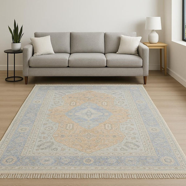 HomeRoots 10' Hand-Loomed Blue and Red Oriental Area Rug with Fringe - Durable, Stain-Resistant Design for Homes 5' X 8' 509467