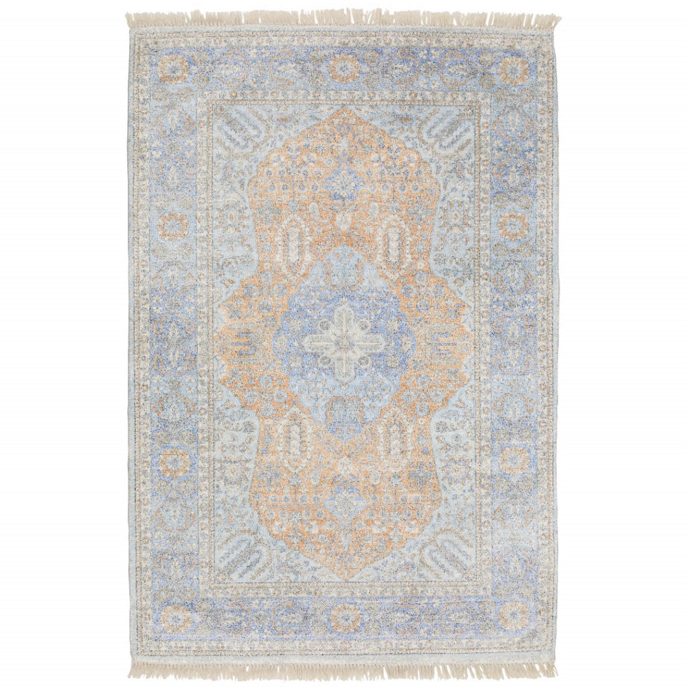 HomeRoots 10' Hand-Loomed Blue and Red Oriental Area Rug with Fringe - Durable, Stain-Resistant Design for Homes 8' X 10' 509468