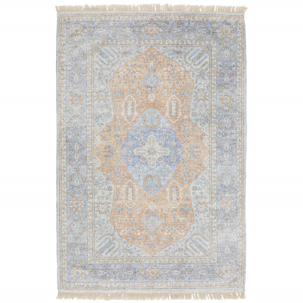 HomeRoots 10' Hand-Loomed Blue and Red Oriental Area Rug with Fringe - Durable, Stain-Resistant Design for Homes 8' X 10' 509468