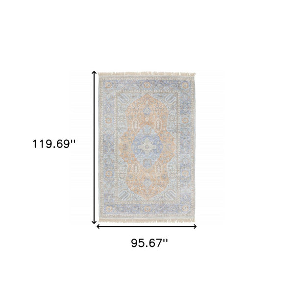 HomeRoots 10' Hand-Loomed Blue and Red Oriental Area Rug with Fringe - Durable, Stain-Resistant Design for Homes 8' X 10' 509468