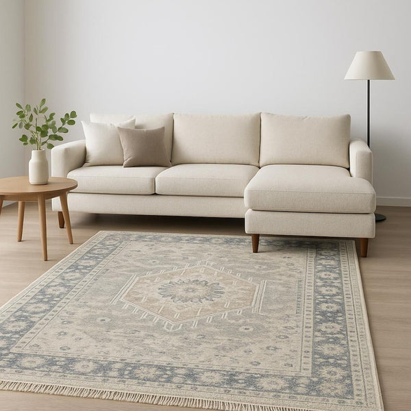 HomeRoots 10' Hand Loomed Beige and Grey Oriental Area Rug - Stain Resistant, Timeless Design with Fringe 10' X 13' 509469