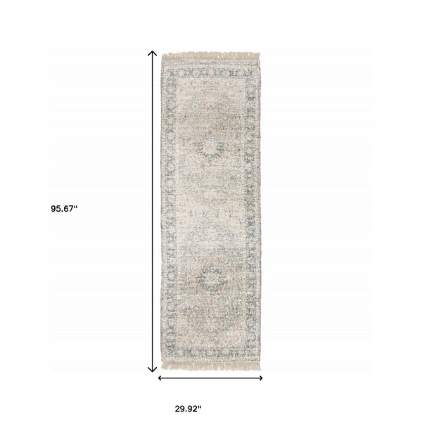 Homeroots 8' Beige And Ivory Oriental Hand Loomed Runner Rug With Fringe  Polyester 509470