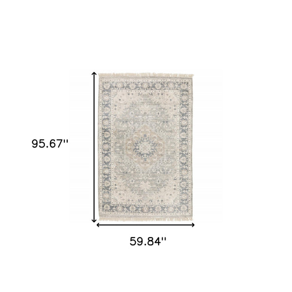 Homeroots 5' X 8' Beige And Grey Oriental Hand Loomed Stain Resistant Area Rug With Fringe  Polyester 509471