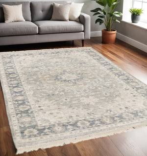 HomeRoots 10' Hand Loomed Beige and Grey Oriental Area Rug - Stain Resistant, Timeless Design with Fringe 5' X 8' 509471