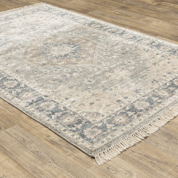 Homeroots 5' X 8' Beige And Grey Oriental Hand Loomed Stain Resistant Area Rug With Fringe  Polyester 509471