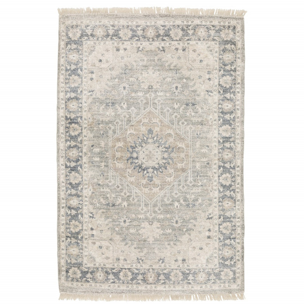 HomeRoots 10' Hand Loomed Beige and Grey Oriental Area Rug - Stain Resistant, Timeless Design with Fringe 8' X 10' 509472