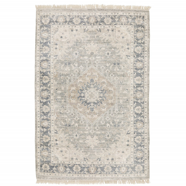 Homeroots 8' X 10' Beige And Grey Oriental Hand Loomed Stain Resistant Area Rug With Fringe  Polyester 509472