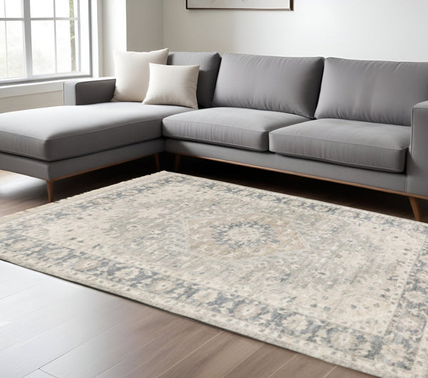 HomeRoots 10' Hand Loomed Beige and Grey Oriental Area Rug - Stain Resistant, Timeless Design with Fringe 8' X 10' 509472