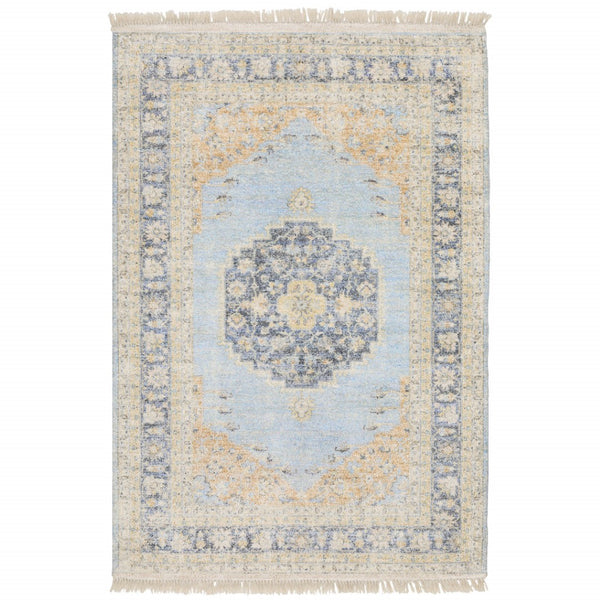 HomeRoots 10' Hand Loomed Blue and Beige Stain Resistant Area Rug with Fringe for Elegant Living Spaces 10' X 13' 509473
