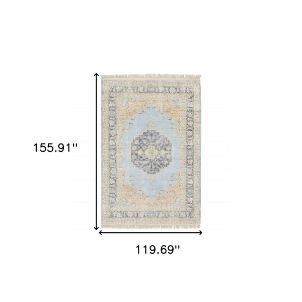 HomeRoots 10' Hand Loomed Blue and Beige Stain Resistant Area Rug with Fringe for Elegant Living Spaces 10' X 13' 509473