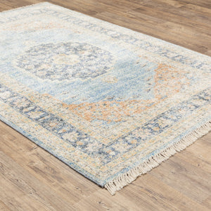 HomeRoots 10' Hand Loomed Blue and Beige Stain Resistant Area Rug with Fringe for Elegant Living Spaces 10' X 13' 509473
