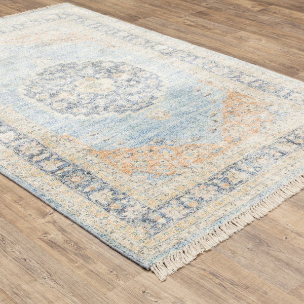 HomeRoots 10' Hand Loomed Blue and Beige Stain Resistant Area Rug with Fringe for Elegant Living Spaces 10' X 13' 509473