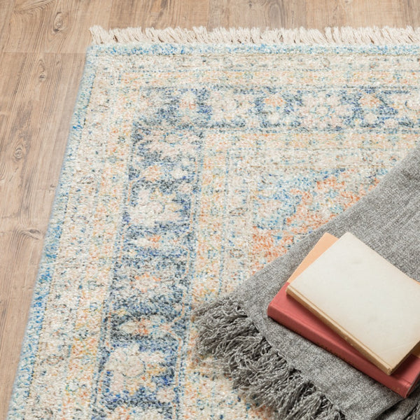 HomeRoots 10' Hand Loomed Blue and Beige Stain Resistant Area Rug with Fringe for Elegant Living Spaces 10' X 13' 509473