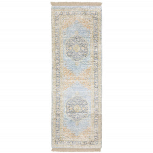 HomeRoots 10' Hand Loomed Blue and Beige Stain Resistant Area Rug with Fringe for Elegant Living Spaces 2'6" x 8' 509474