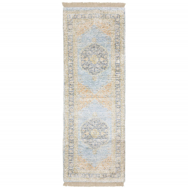 HomeRoots 10' Hand Loomed Blue and Beige Stain Resistant Area Rug with Fringe for Elegant Living Spaces 2'6" x 8' 509474