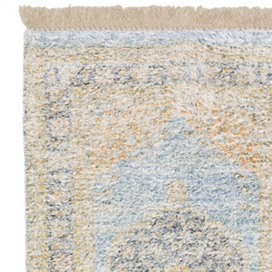 HomeRoots 10' Hand Loomed Blue and Beige Stain Resistant Area Rug with Fringe for Elegant Living Spaces 2'6" x 8' 509474