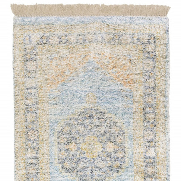 HomeRoots 10' Hand Loomed Blue and Beige Stain Resistant Area Rug with Fringe for Elegant Living Spaces 2'6" x 8' 509474