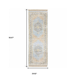 HomeRoots 10' Hand Loomed Blue and Beige Stain Resistant Area Rug with Fringe for Elegant Living Spaces 2'6" x 8' 509474