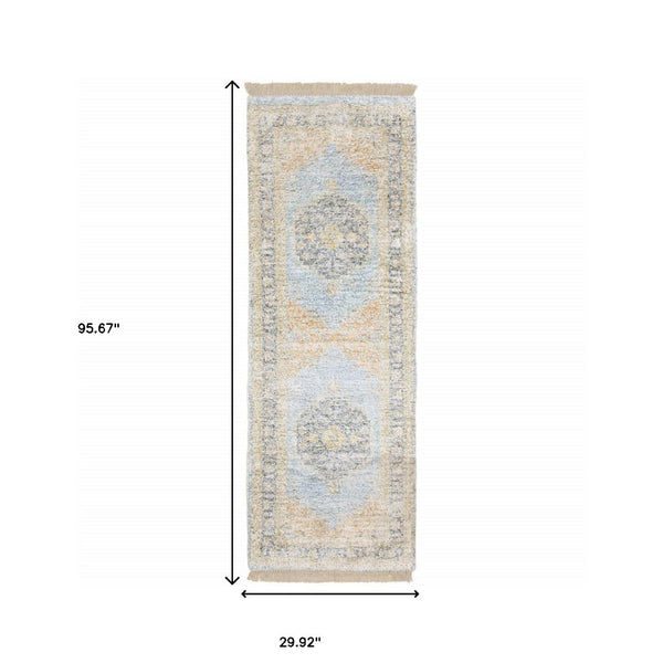 HomeRoots 10' Hand Loomed Blue and Beige Stain Resistant Area Rug with Fringe for Elegant Living Spaces 2'6" x 8' 509474