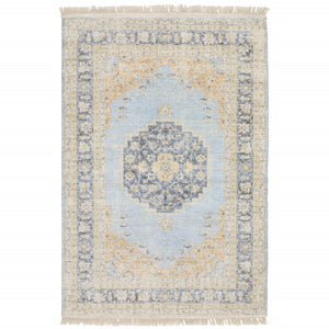 HomeRoots 10' Hand Loomed Blue and Beige Stain Resistant Area Rug with Fringe for Elegant Living Spaces 5' X 8' 509475