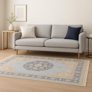 HomeRoots 10' Hand Loomed Blue and Beige Stain Resistant Area Rug with Fringe for Elegant Living Spaces 5' X 8' 509475