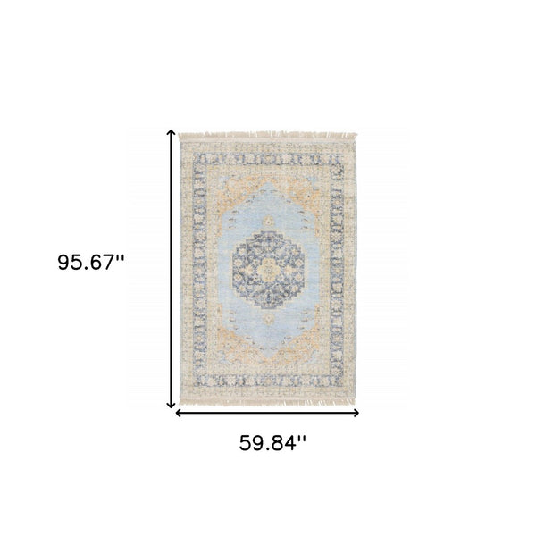 HomeRoots 10' Hand Loomed Blue and Beige Stain Resistant Area Rug with Fringe for Elegant Living Spaces 5' X 8' 509475