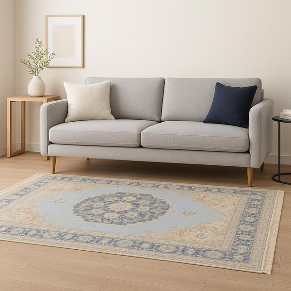 HomeRoots 10' Hand Loomed Blue and Beige Stain Resistant Area Rug with Fringe for Elegant Living Spaces 8' X 10' 509476