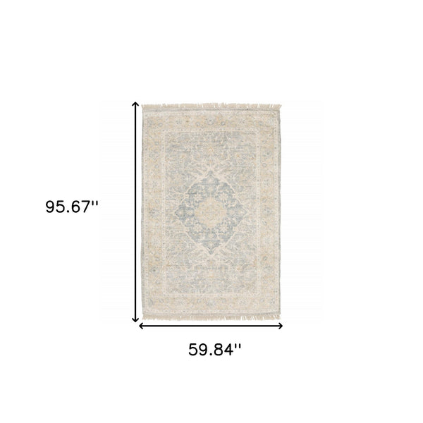 Homeroots 5' X 8' Grey And Beige Oriental Hand Loomed Stain Resistant Area Rug With Fringe  Polyester 509479