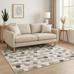HomeRoots 5' Contemporary Geometric Area Rug in Grey, Charcoal, Tan, and Ivory - Stain-Resistant and Durable 5' X 7' 509486