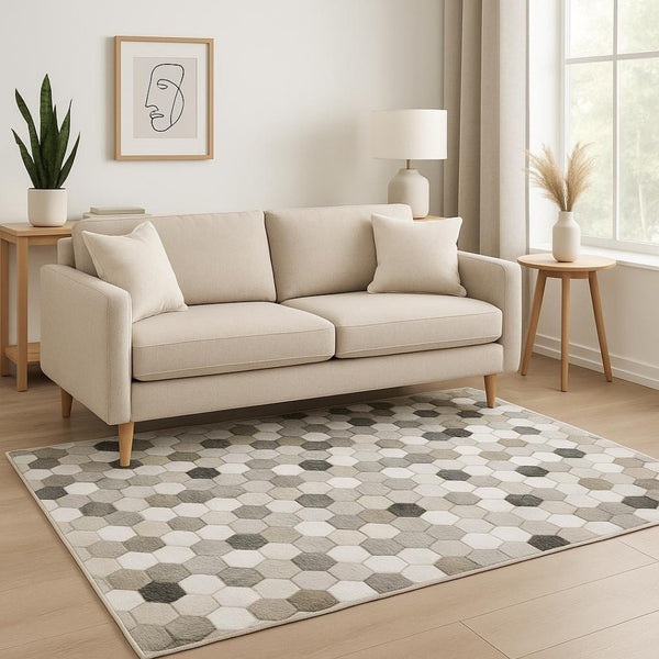 HomeRoots 5' Contemporary Geometric Area Rug in Grey, Charcoal, Tan, and Ivory - Stain-Resistant and Durable 5' X 7' 509486