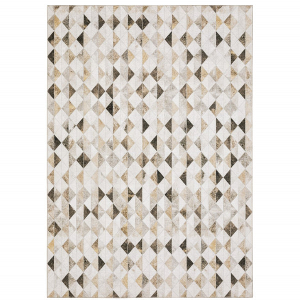 HomeRoots 5' Stylish Geometric Area Rug in Beige, Brown, Grey, and Ivory - Stain Resistant & Modern Design! 5' X 7' 509490