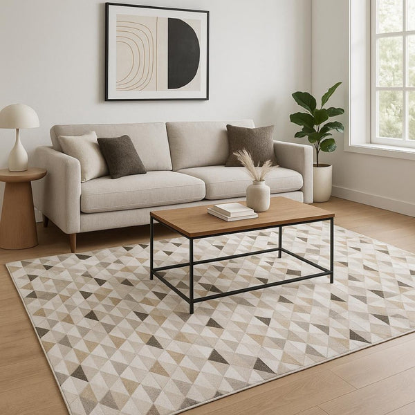 HomeRoots 5' Stylish Geometric Area Rug in Beige, Brown, Grey, and Ivory - Stain Resistant & Modern Design! 5' X 7' 509490