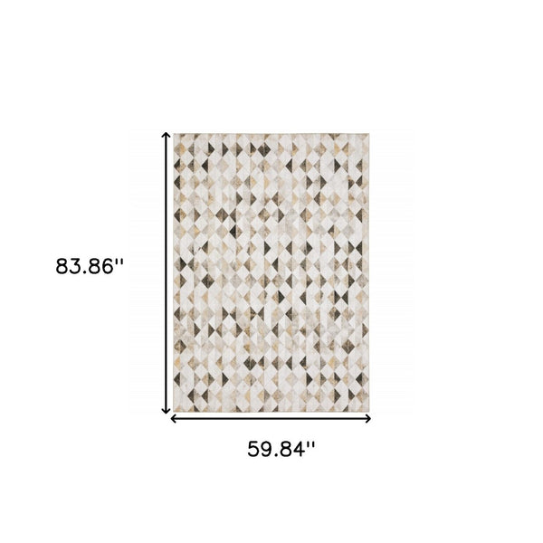 HomeRoots 5' Stylish Geometric Area Rug in Beige, Brown, Grey, and Ivory - Stain Resistant & Modern Design! 5' X 7' 509490