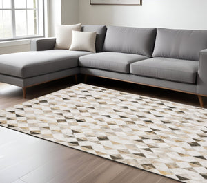 HomeRoots 5' Stylish Geometric Area Rug in Beige, Brown, Grey, and Ivory - Stain Resistant & Modern Design! 9' X 12' 509492